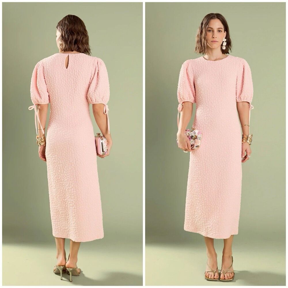 English Factory Smocked Textured Puff Sleeve Pink Midi Dress Size XS New
